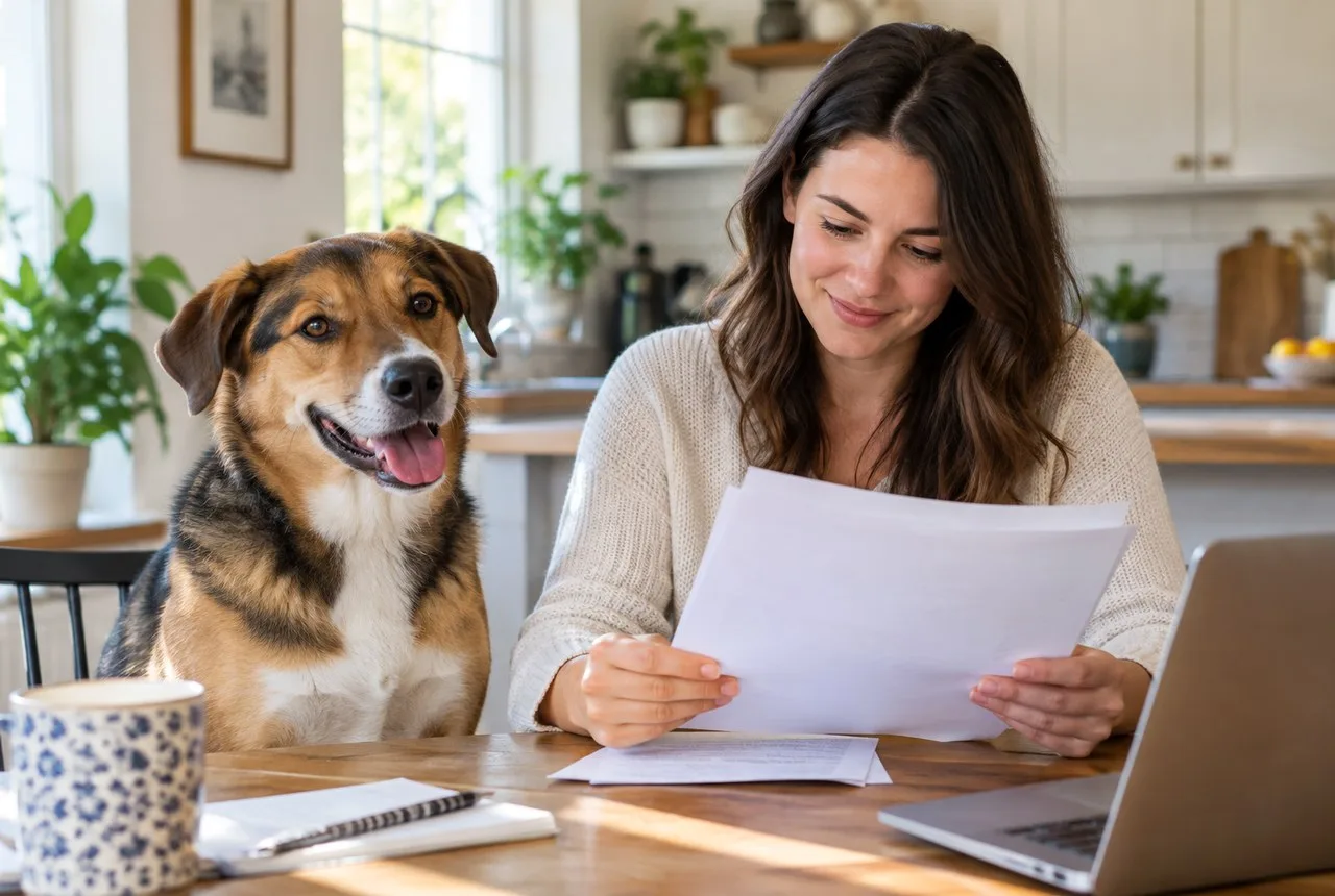 Woman reviewing papers at desk beside brown-and-white dog
