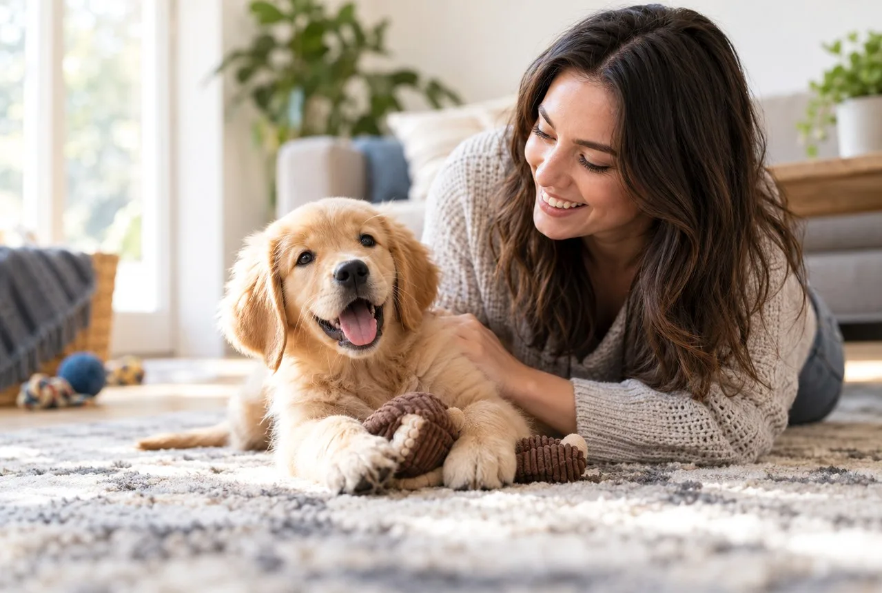 Woman on floor beside a small golden-colored puppy